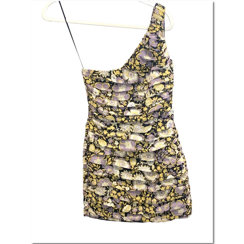 Zara Yellow Metallic Floral One Shoulder Dress Ruched Minidress Size S NWT - Picture 4 of 6